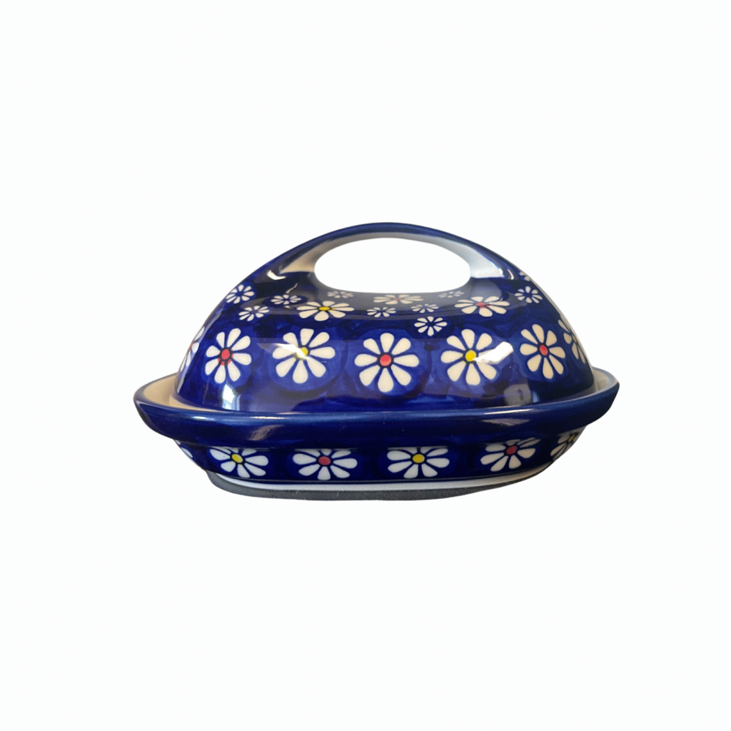 Butter Dish, Daisies on Blue