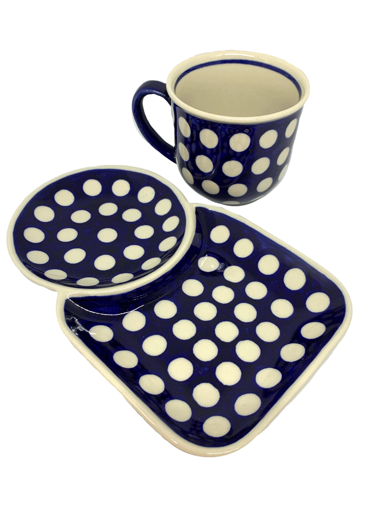 Cup with Tray, Polka Dots on Blue